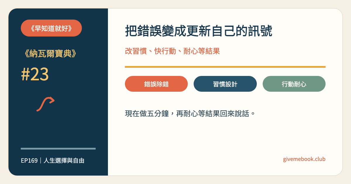 《納瓦爾寶典》#23 《納瓦爾寶典》#23 打造更好版本的自己：把錯誤變成校正，把行動變成習慣 特色圖